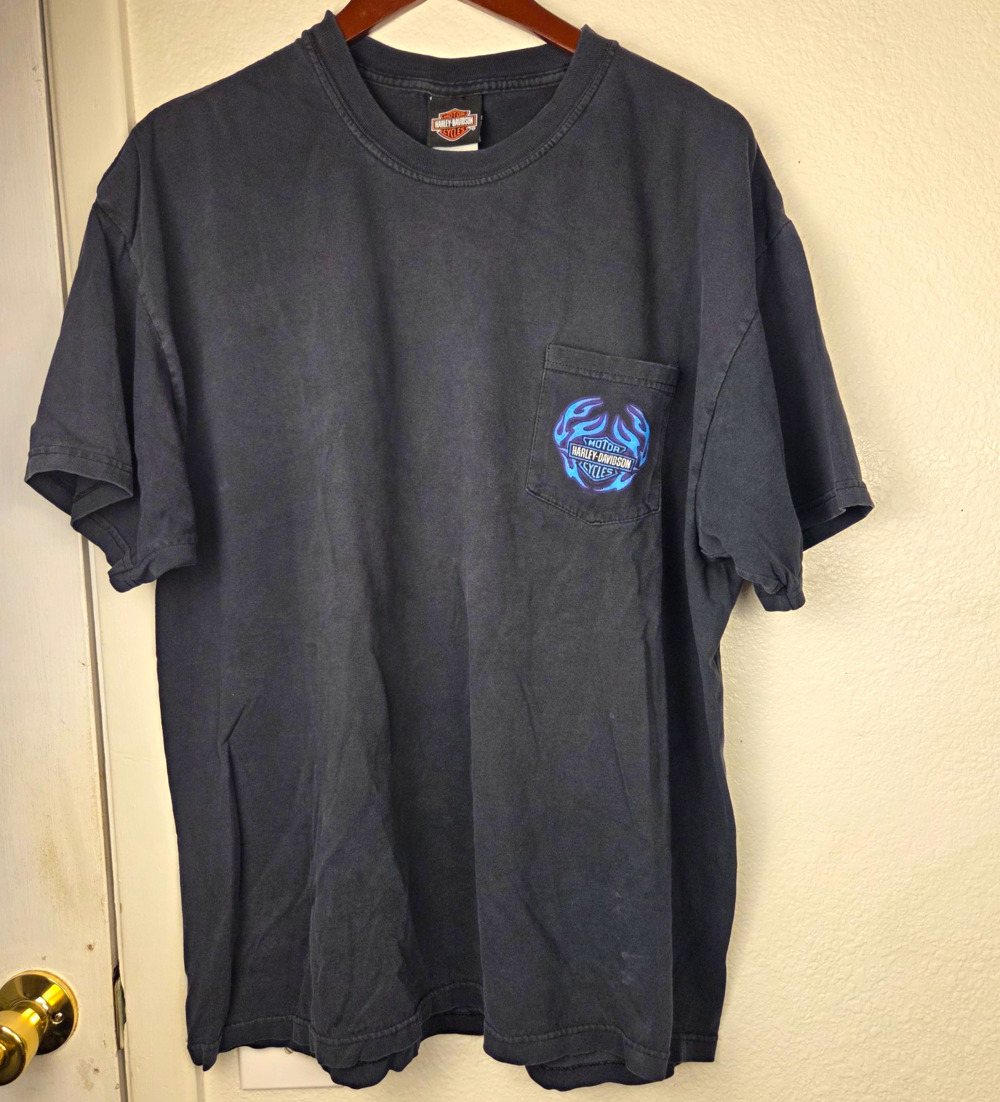 VTG 90s Harley-Davidson Shirt XL Blue Flame Pocket Hanes Beefy RK Stratman NC